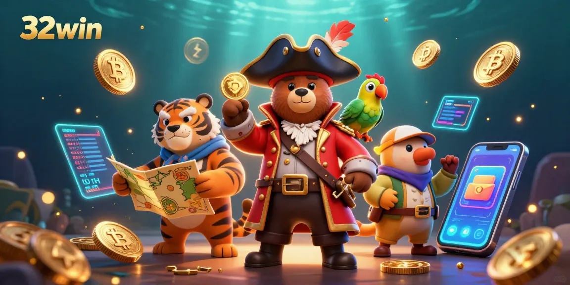 Engage with thrilling games at 32win featuring a vibrant pirate-themed scene with crypto elements.
