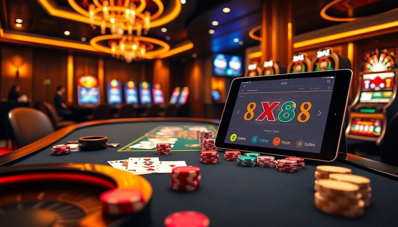 XX88 casino scene featuring poker, roulette, and vibrant slot machines in a luxurious setting.