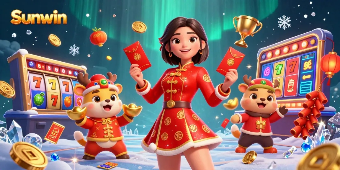 Sunwin's vibrant casino celebration with a festive Asian woman, gold coins, and gaming elements.