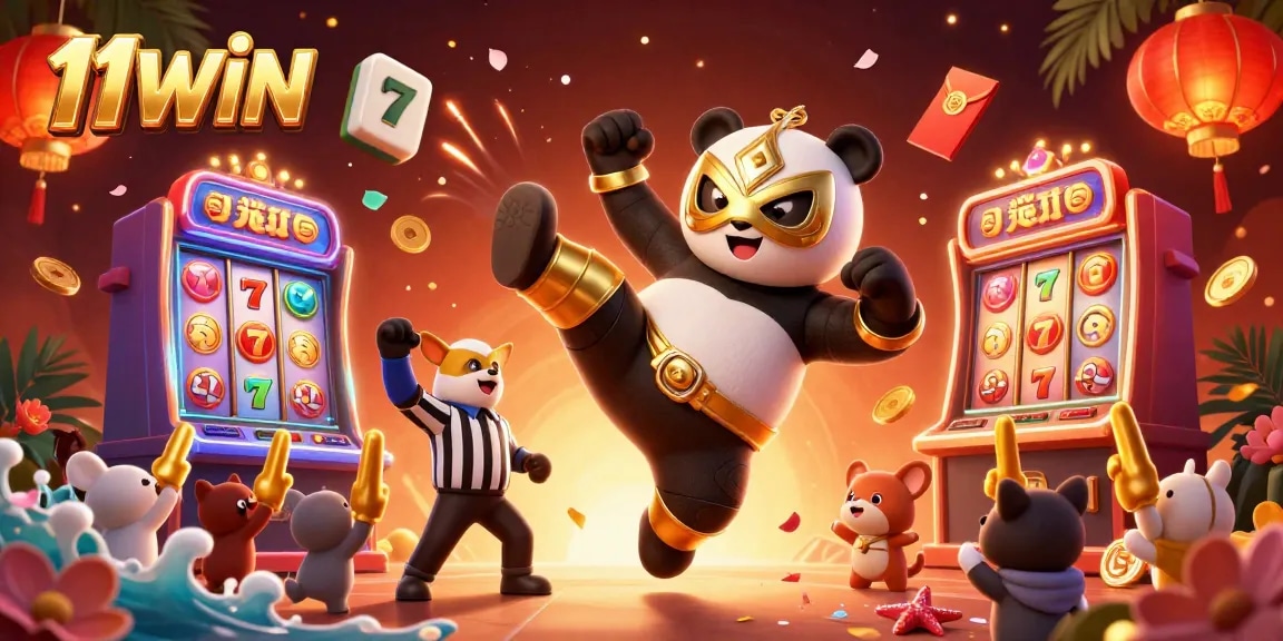 Experience the excitement of 11WIN with a flying panda wrestler and vibrant casino elements!