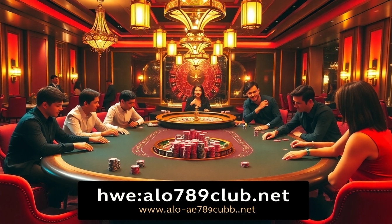 Players enjoying poker at https://alo789club.net/ with vibrant chips and a roulette wheel.