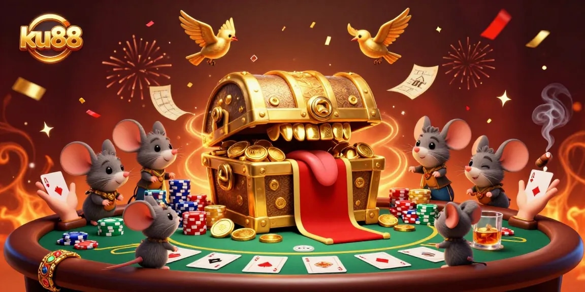 Experience thrilling moments at ku88, where adventurer mice meet a golden treasure chest in this engaging casino scene.