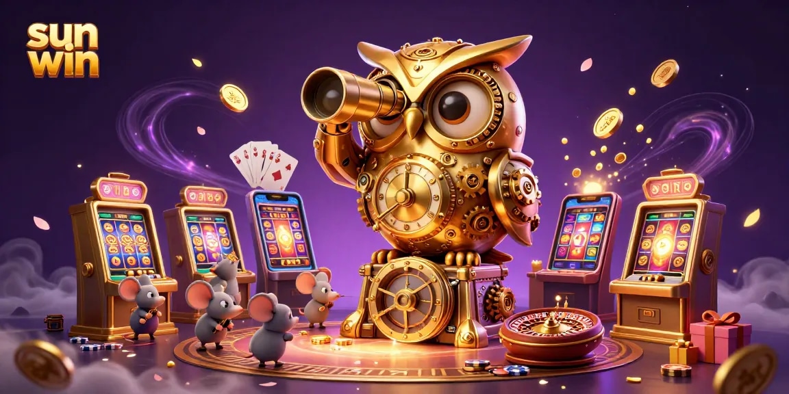 Experience sun win action in a vibrant 3D casino scene filled with gold coins and colorful games.