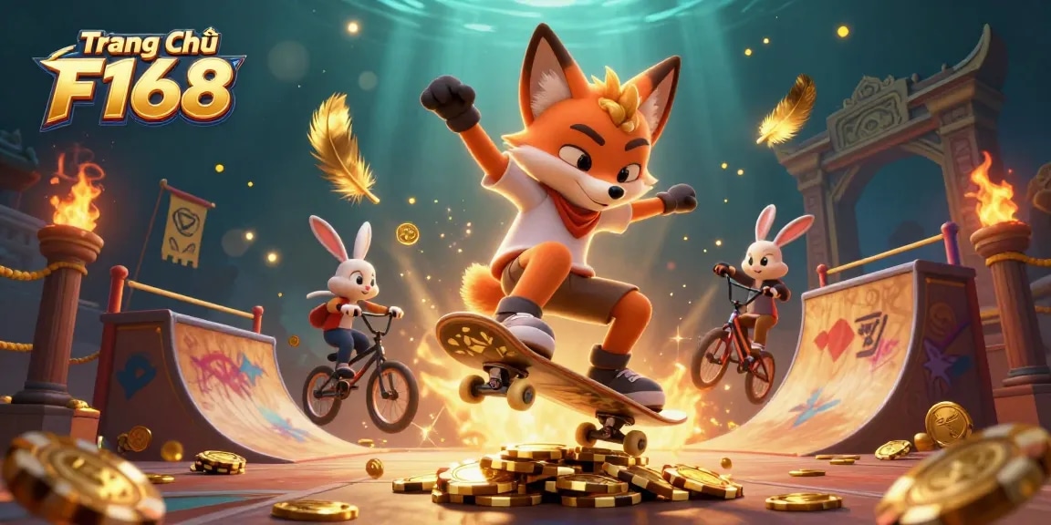 Engage in thrilling gaming at Trang Chủ F168 with cartoon characters bringing excitement alive among casino symbols.
