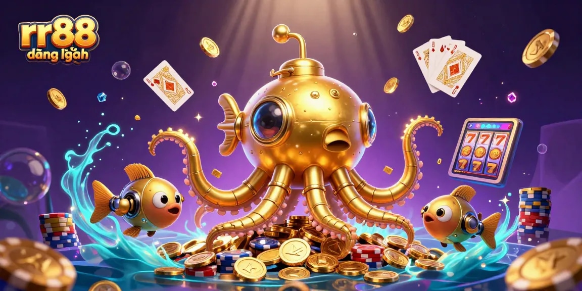 Experience gaming action with rr88 đăng nhập and a golden kraken submarine amidst golden coins.