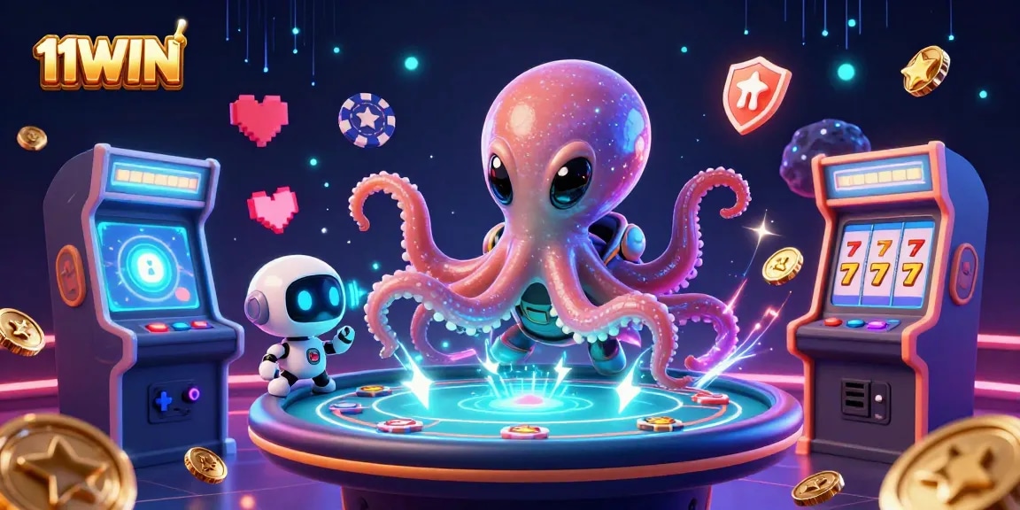 Engage with 11WIN's vibrant 3D poker scene featuring an alien octopus at a holographic table.