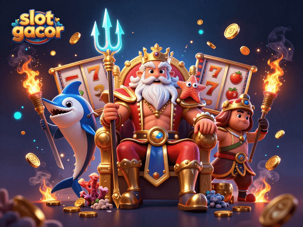 Experience slot gacor excitement with Neptune and friends in this dynamic casino scene.