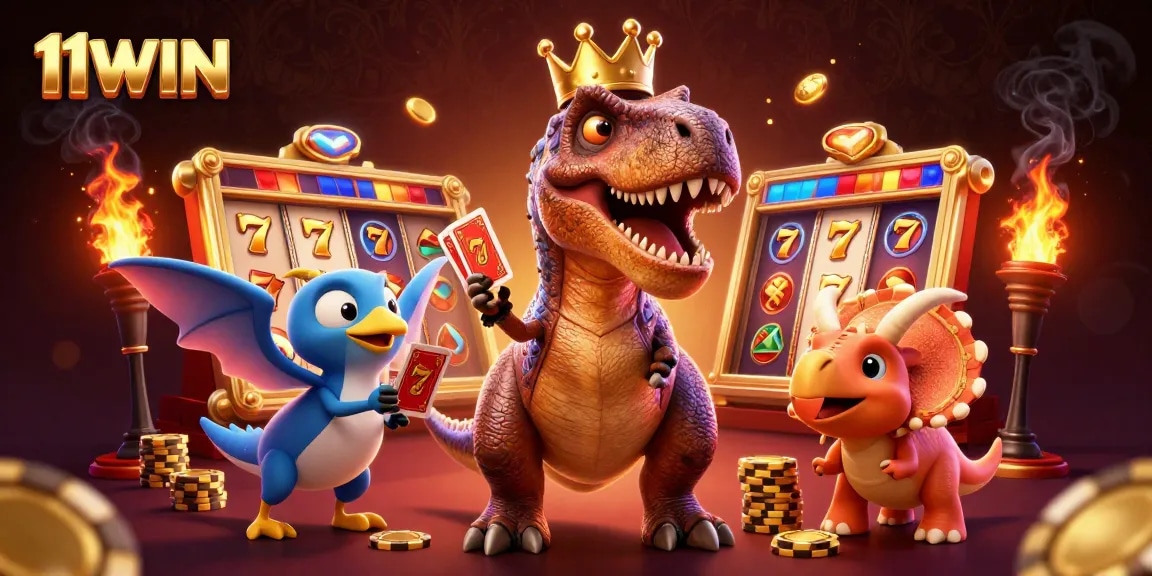 Spin and win with 11WIN in a vibrant casino showdown featuring playful cartoon dinosaurs.