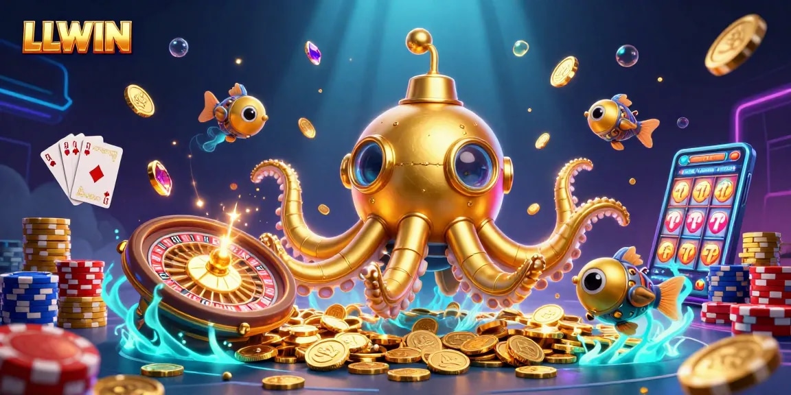 LLWIN showcases dynamic online casino excitement with a submarine and treasure-themed game scene.