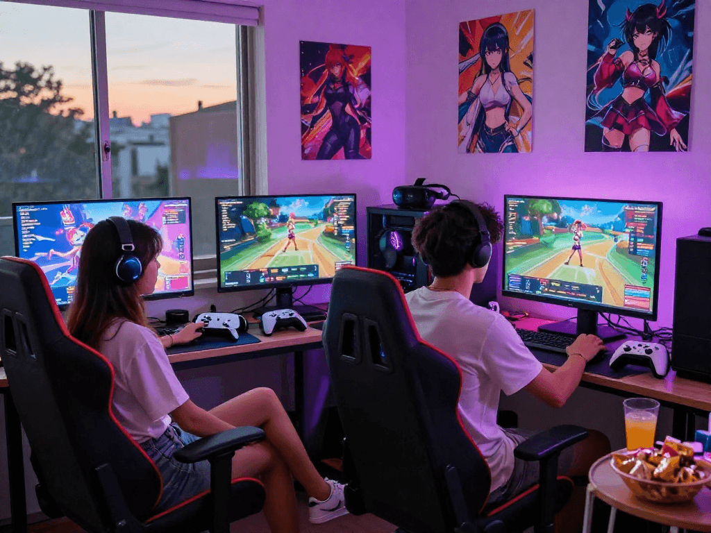 Engaging scene of young adults playing sex games online in a lively gaming room.