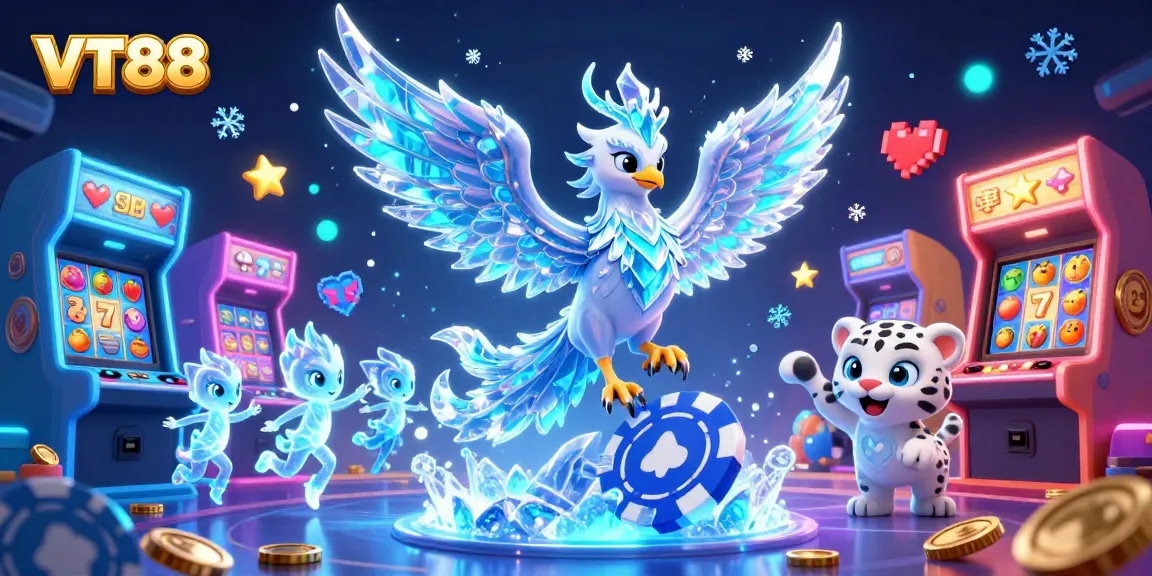 Engage with VT88's vibrant casino scene featuring colorful slot games and animated characters.