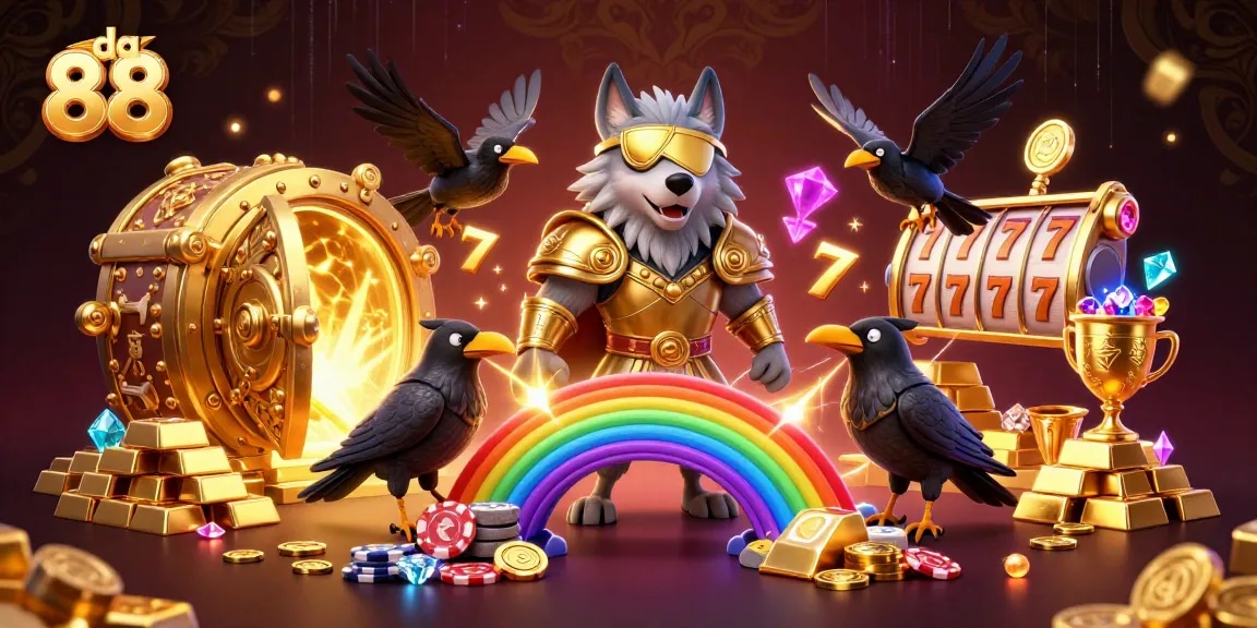 Experience the dazzling da 88 casino adventure with Odin and his ravens on a vibrant casino chip rainbow bridge.