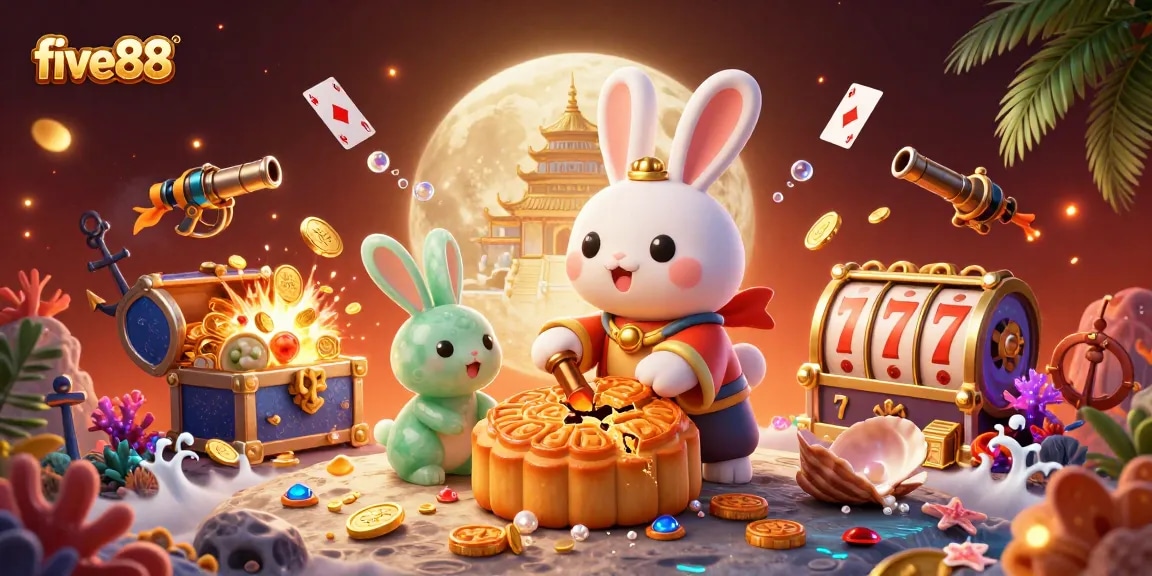 Engage with five88's vibrant casino world featuring a moon rabbit and poker chips.