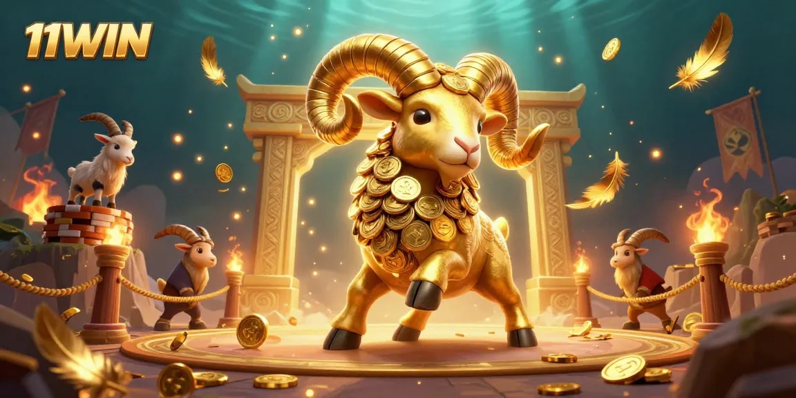 Experience epic battles in 11WIN's illustrated casino arena with golden ram and goat spectators.