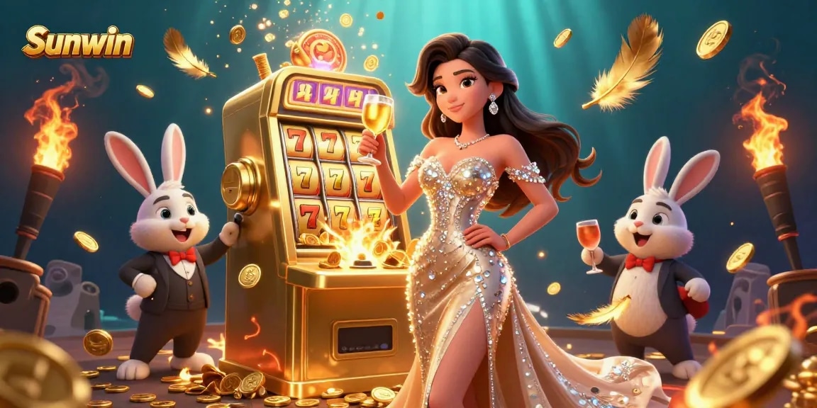 Win big with Sunwin's jackpot slot machine featuring a glamorous toast in a vibrant casino scene.