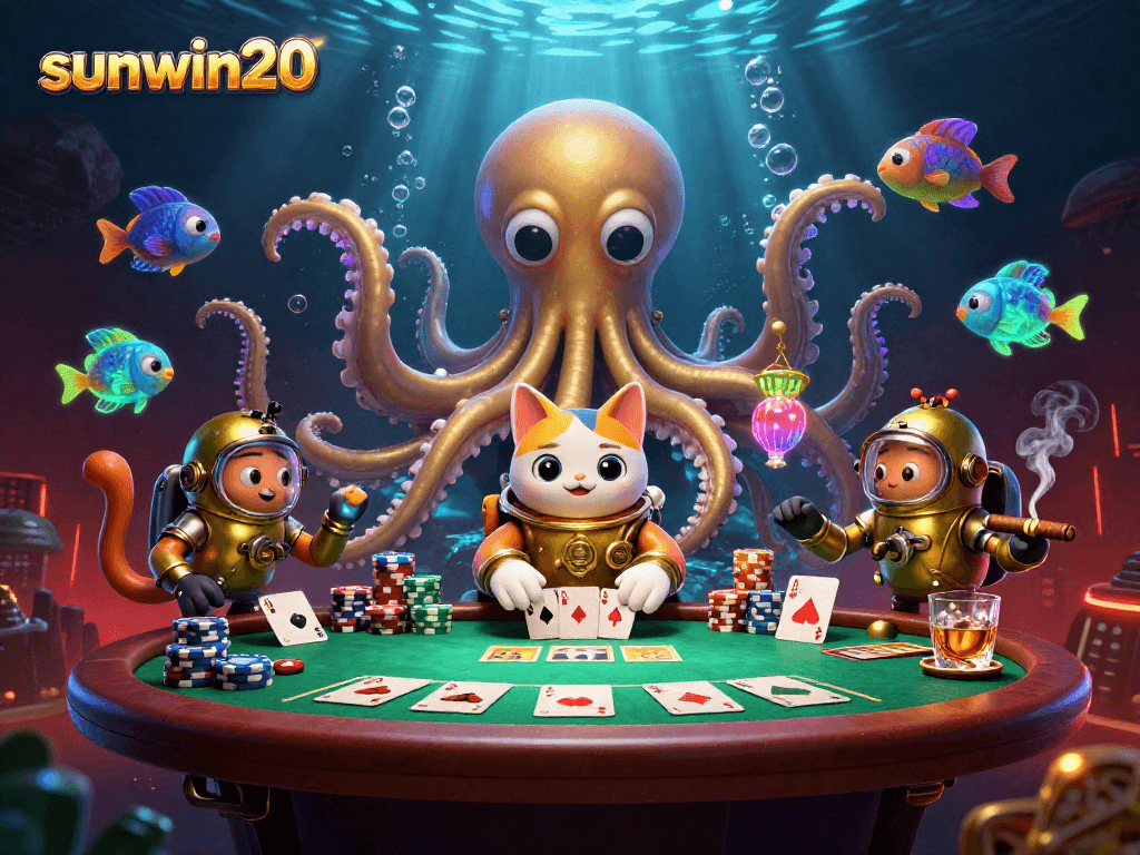 Engage with sunwin20 as the kraken emerges from a treasure-filled ocean in this vibrant poker illustration.