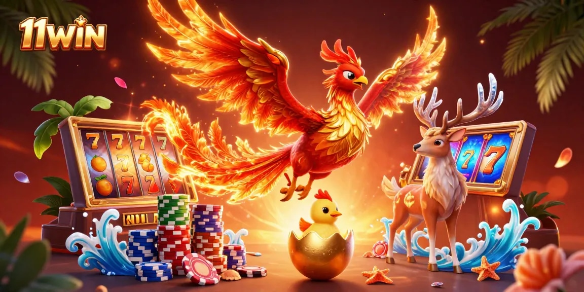 Engage with 11WIN's vibrant gaming scene featuring a phoenix and jackpot elements.
