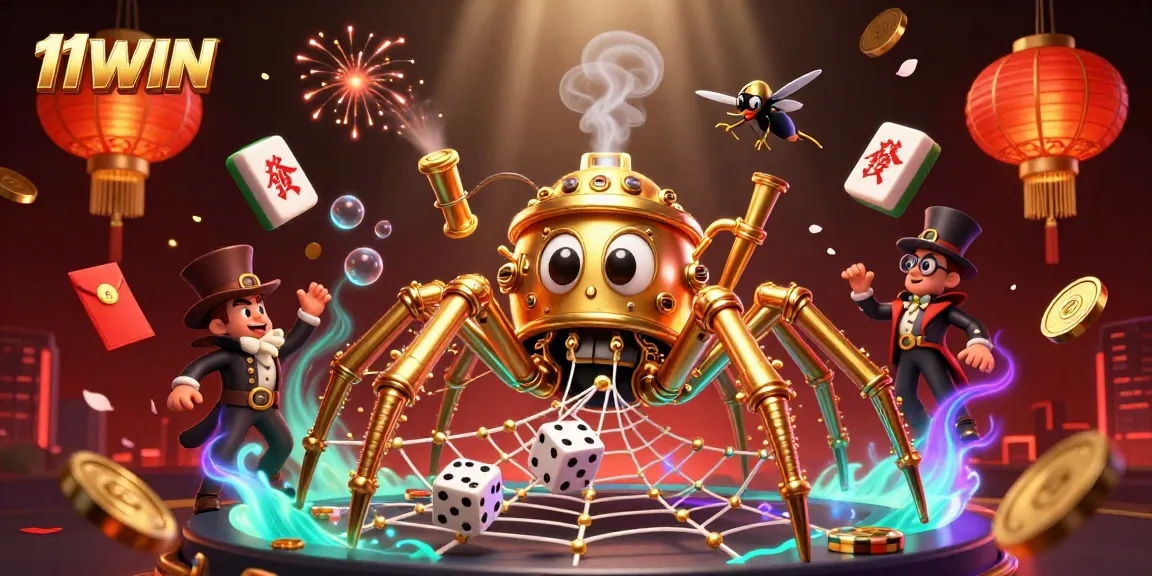 11WIN captures the excitement of a vibrant casino scene with a steampunk spider and games of chance.