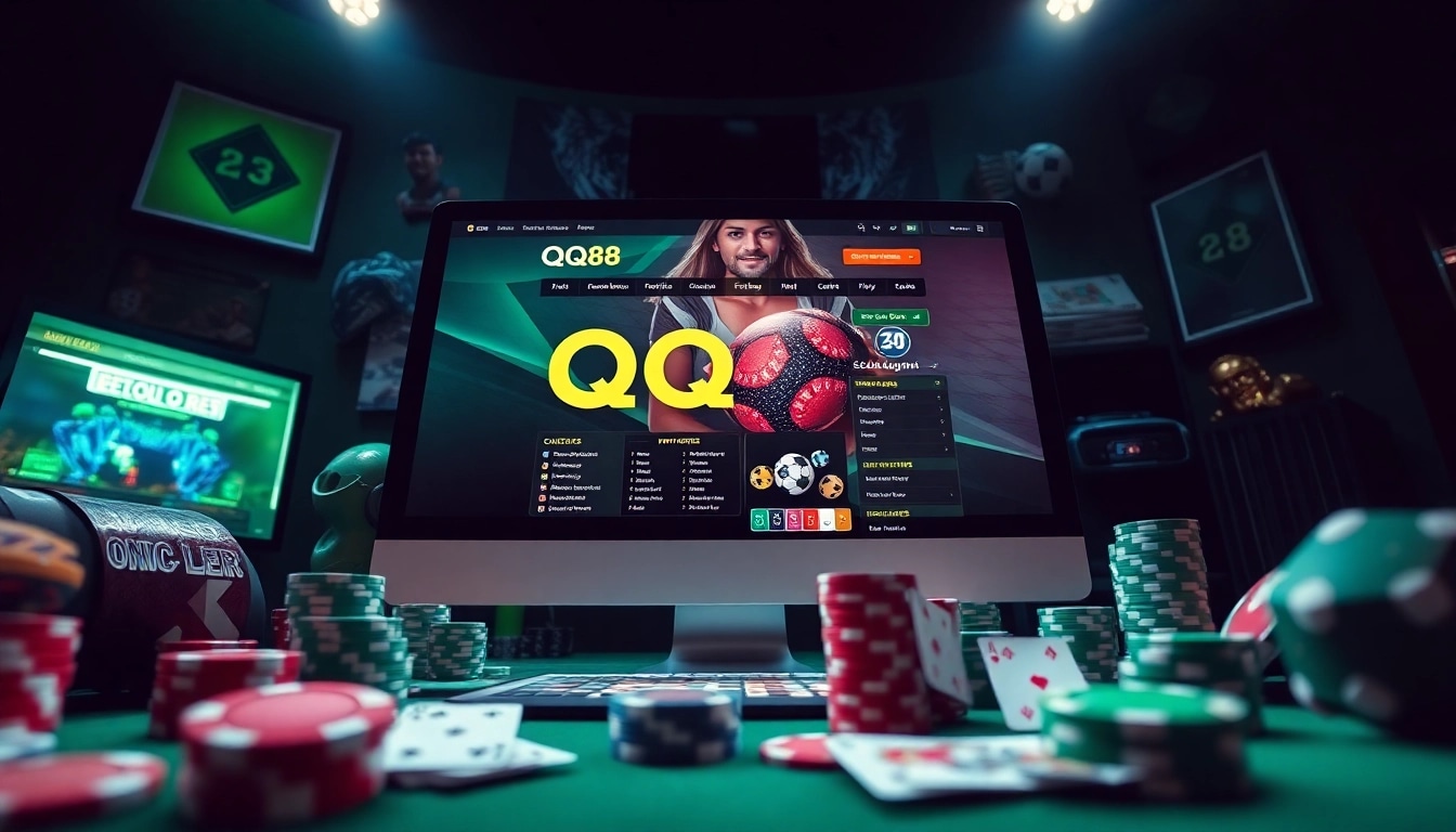 Online gaming experience featuring QQ88 platform with casino elements.
