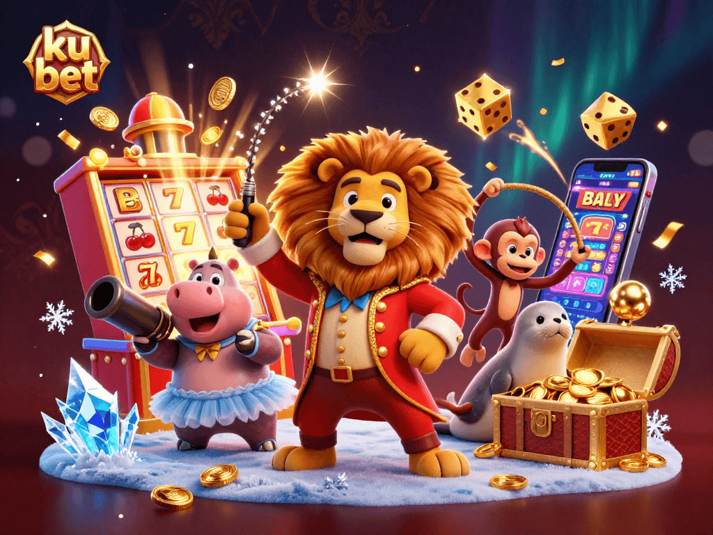 Experience the thrill of ku bet with circus characters celebrating a jackpot explosion and casino games.