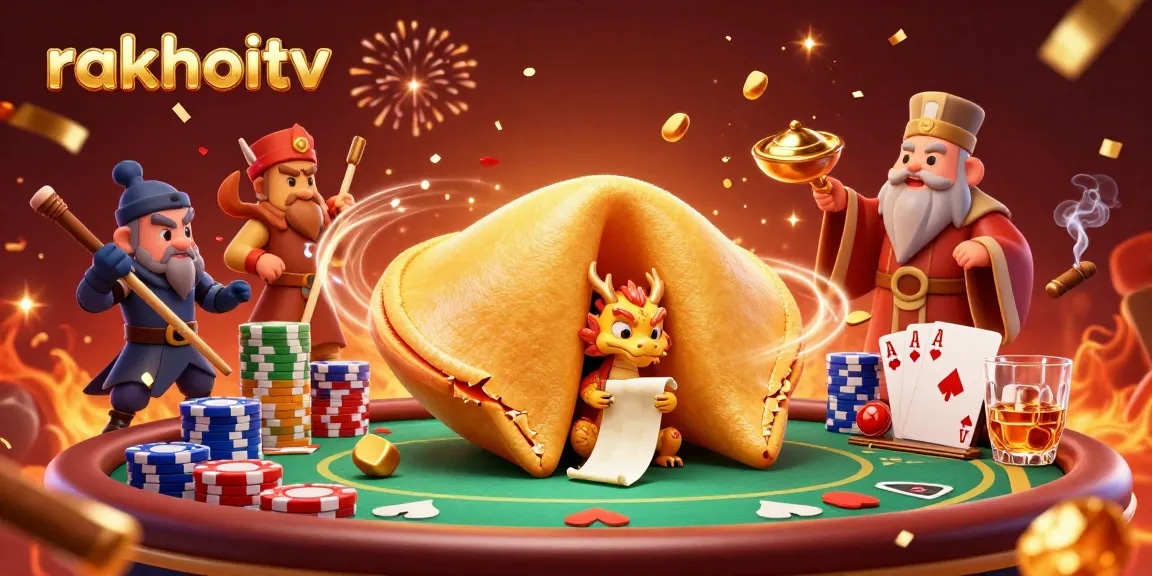 Experience rakhoitv with dynamic casino elements showcasing a vibrant poker scene with a golden fortune cookie.