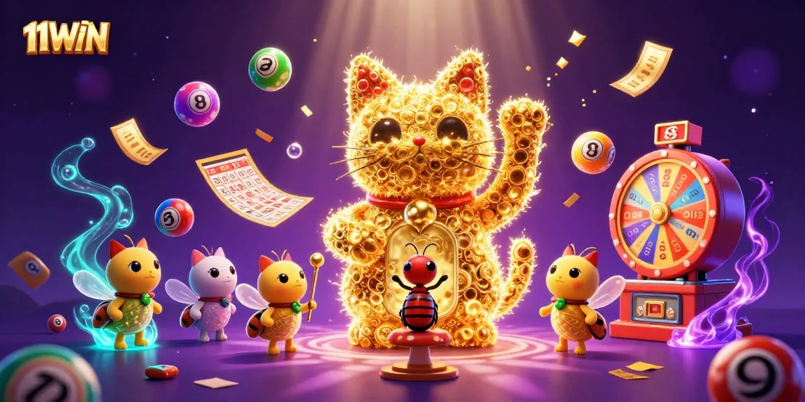 Engage with the vibrant 11WIN gaming scene, featuring a golden lucky cat and lively casino elements.