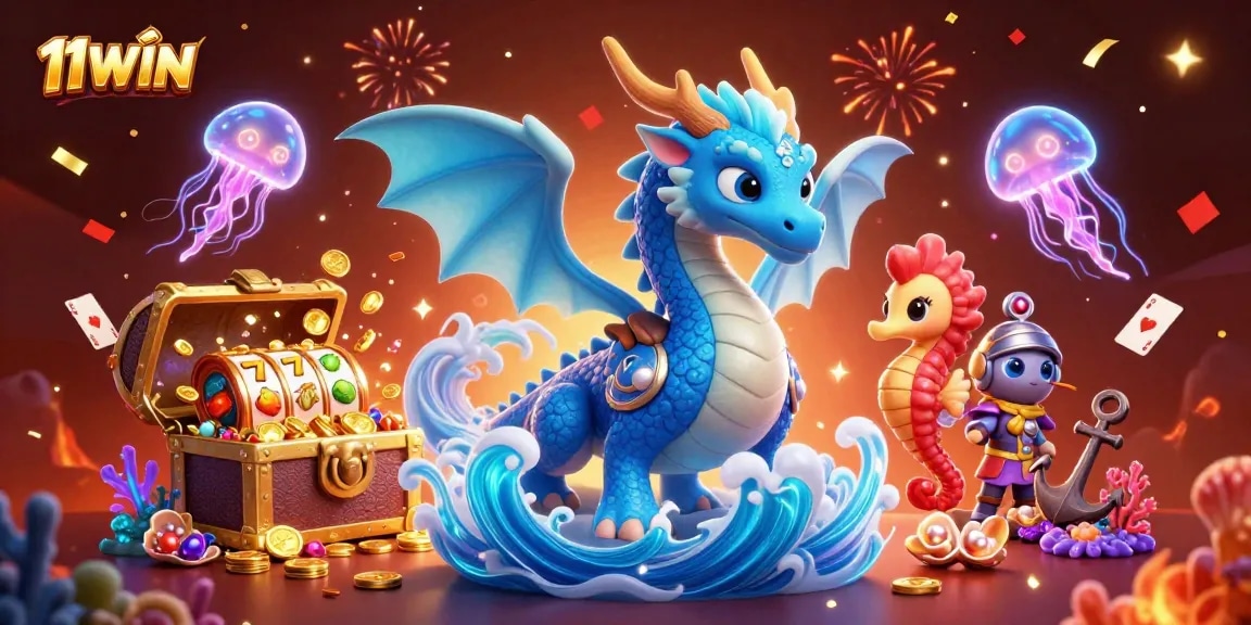Play casino games with 11WIN featuring a dazzling illustration of mythical creatures and vibrant treasures.