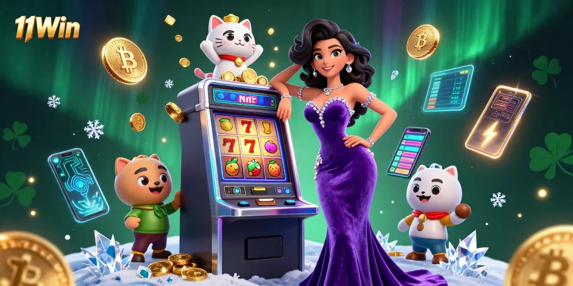 Experience winning slots with 11Win's stunning jackpot scene featuring dynamic characters and vibrant elements.