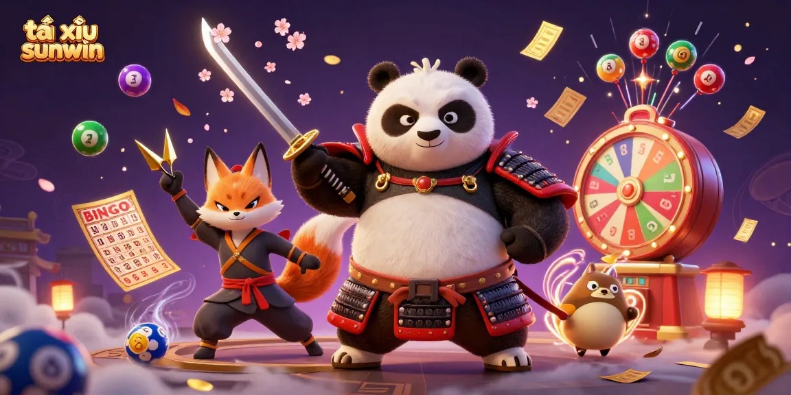 Tài xỉu sunwin: Engage with a vibrant 3D illustration showcasing a samurai panda and ninja fox in a dynamic lottery scene.