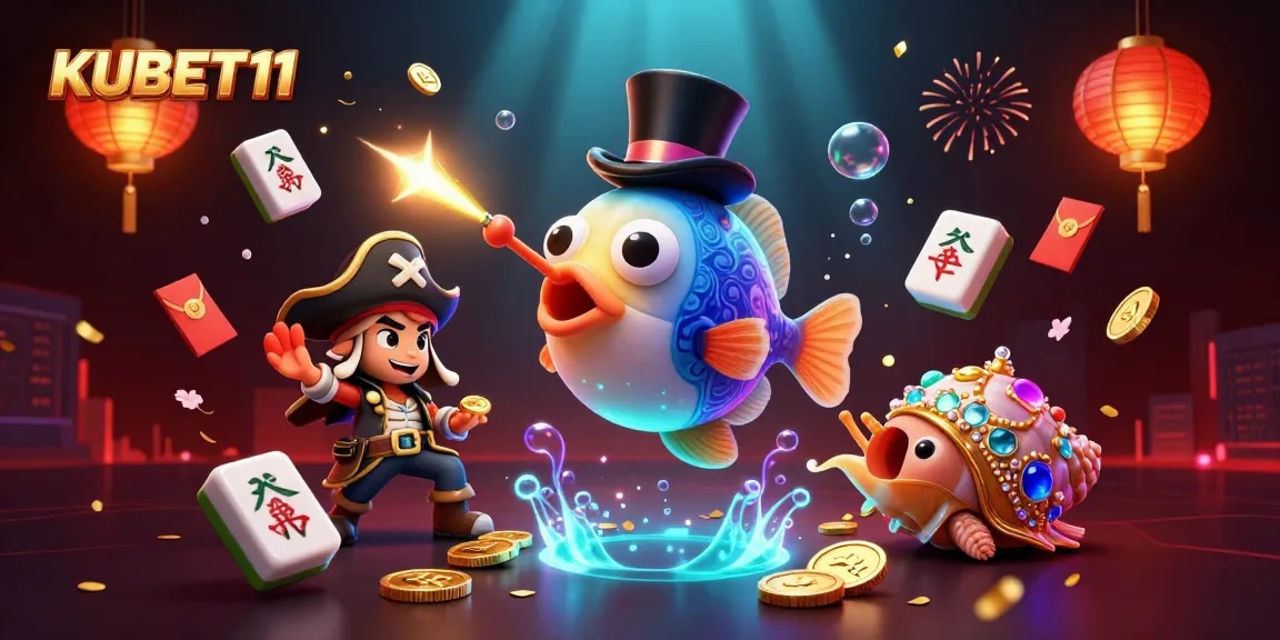 KUBET11 offers an engaging casino experience with vibrant underwater characters attracting glowing treasures in this dynamic scene.