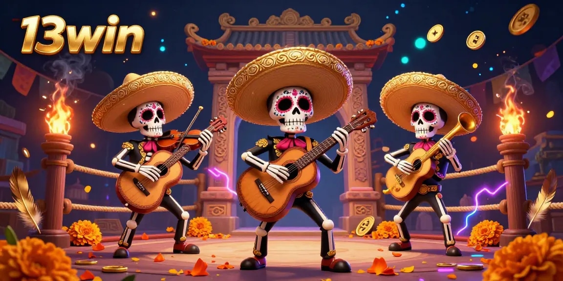 Experience thrilling gameplay with 13win in a playful Day of the Dead casino scene featuring neon effects and immersive gaming elements.