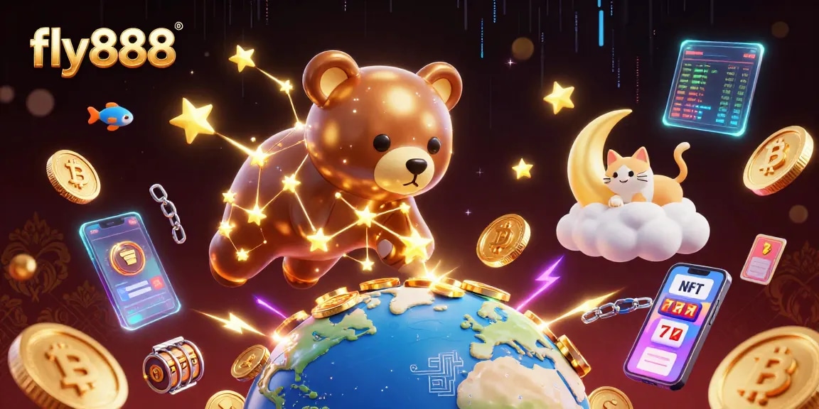 Engage with fly888 to reveal shining coins in a vibrant 3D casino illustration featuring cosmic characters and crypto elements.