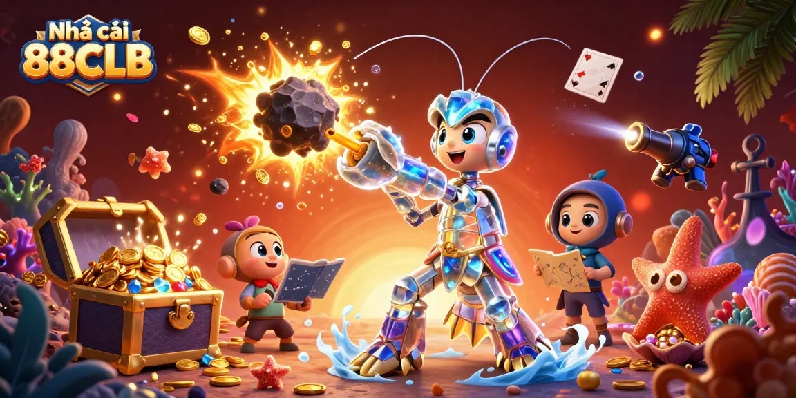 Nhà cái 88CLB presents a vibrant 3D scene showcasing a galactic samurai mantis shrimp splashing through the casino world.