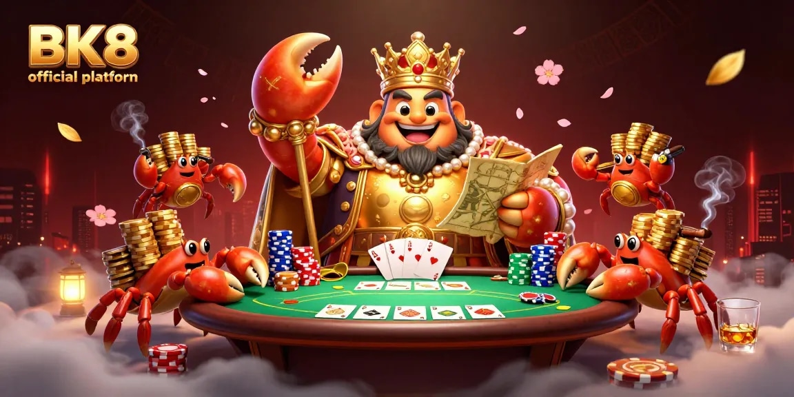 Experience the thrill at BK8 official platform with a vibrant 3D crab emperor and poker scene.