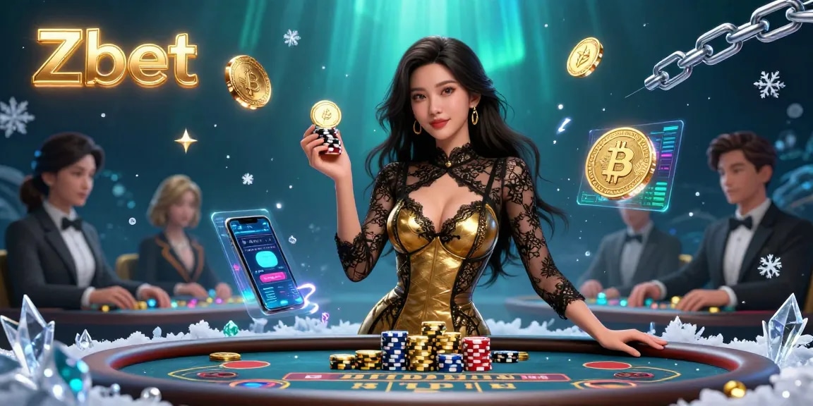 Experience Zbet at an exclusive baccarat table with golden casino chips and crypto elements.
