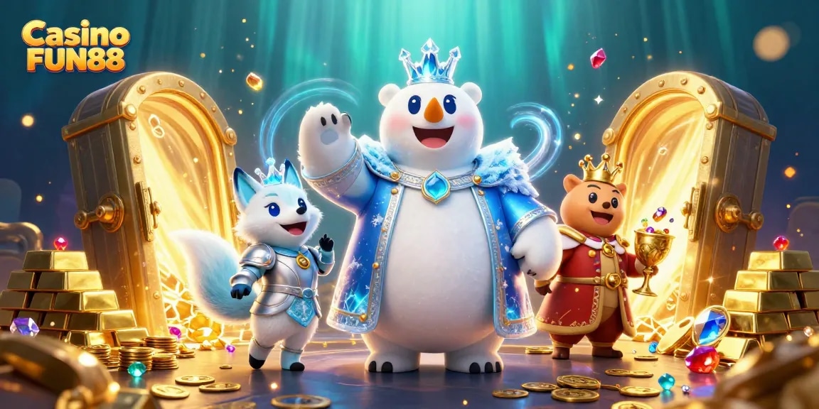 Spin and win in Casino FUN88 with the ice king and treasure in an enchanting 3D scene.