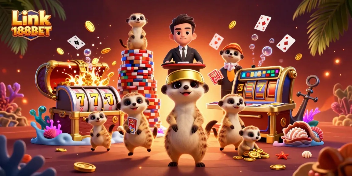 Win big with interactive fun at Link 188BET's lively charming casino scene featuring playful meerkats.