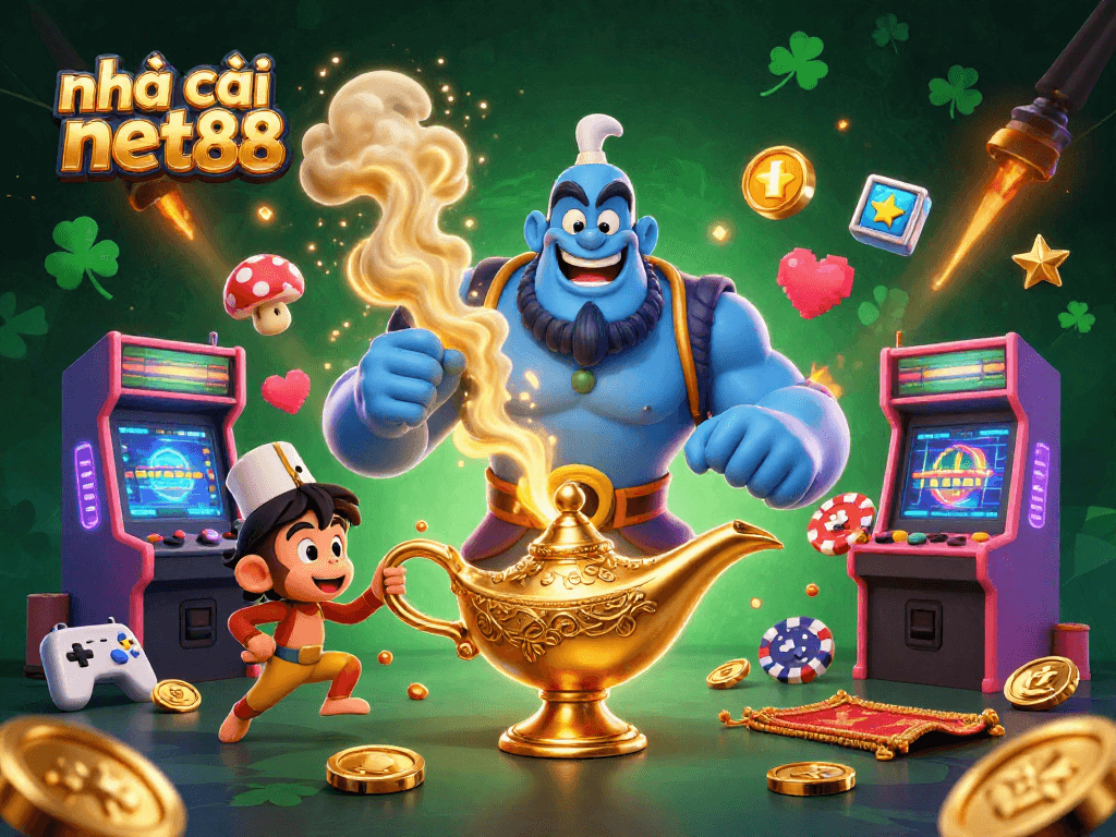 Experience the excitement at nhà cái net88 with a dynamic 3D casino scene featuring a genie, monkey, and poker chips.