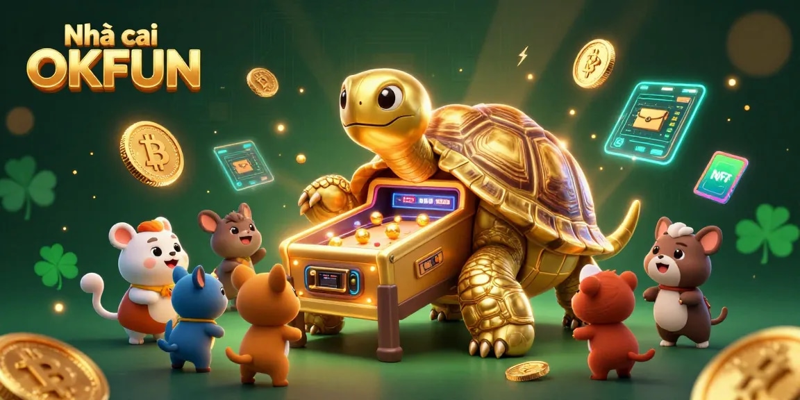 Experience thrilling games at Nhà cái OKFUN with the vibrant golden tortoise pinball machine illustration.