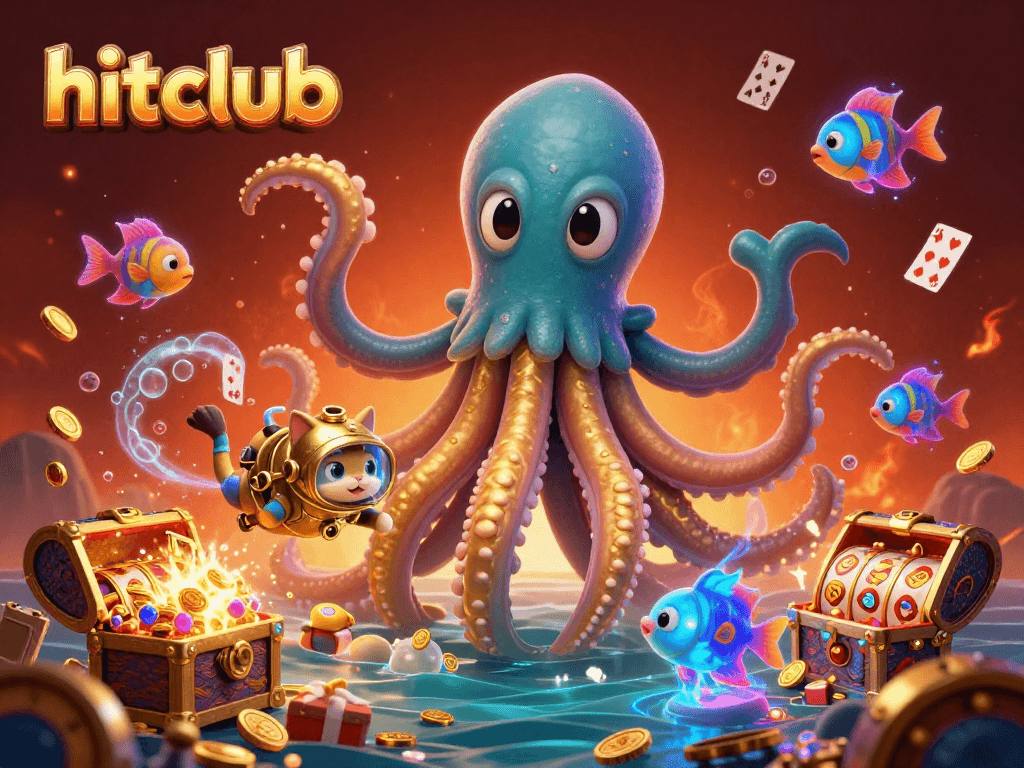 Hitclub's exciting underwater adventure with a kraken, diving cat, and vibrant slot reels.