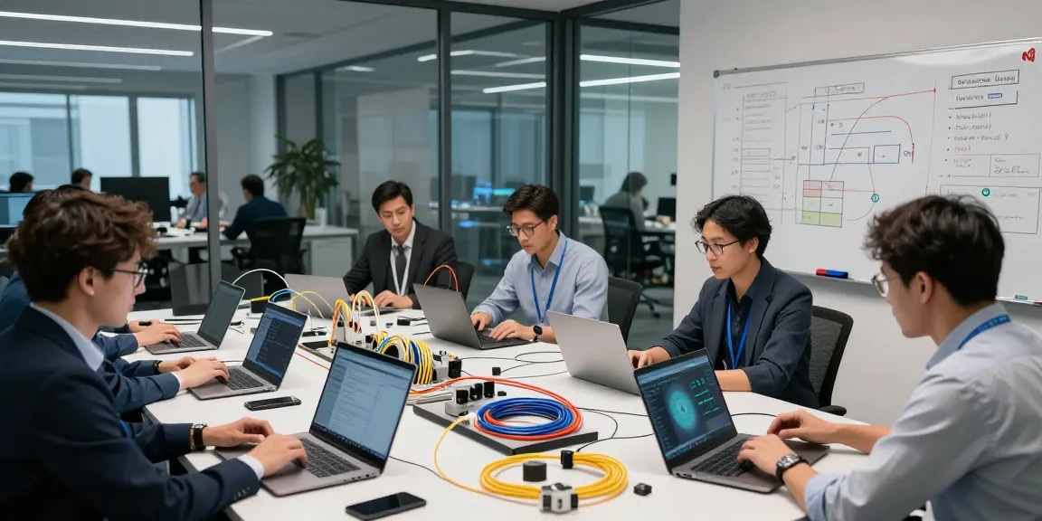 Fiber optic distributor team collaborating on advanced connectivity solutions in a modern office.