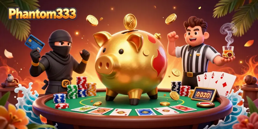 Experience thrilling action with Phantom333's vibrant casino scene featuring dynamic characters and game elements.
