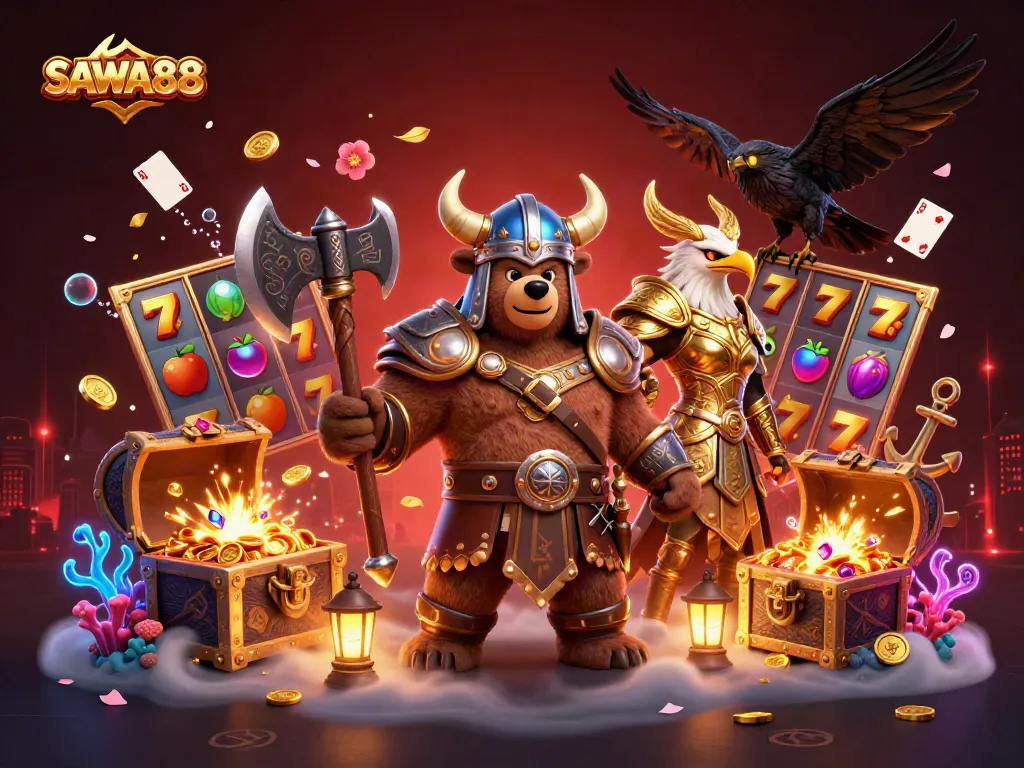 Spin the reels with SAWA888 in an action-packed casino scene of luck and adventure.