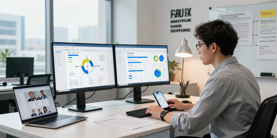 Analyst engaged in document fraud detection analysis on dual monitors in a modern office.
