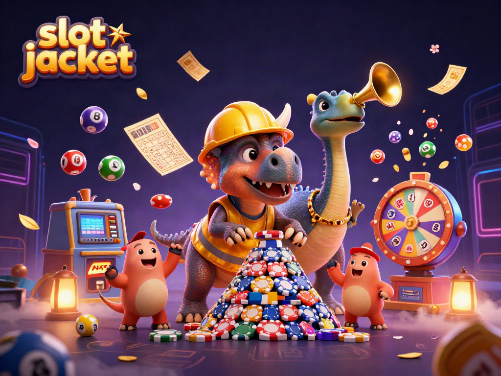 Menggila dengan slot jackpot, triceratops dan parasaurolophus merayakan kemenangan sambil dikelilingi banyak elemen permainan lainnya.