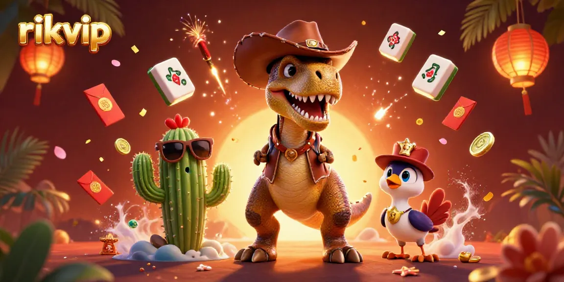 Experience excitement at rikvip with a cartoon dinosaur, cactus, and bird in 3D casino-themed illustration.