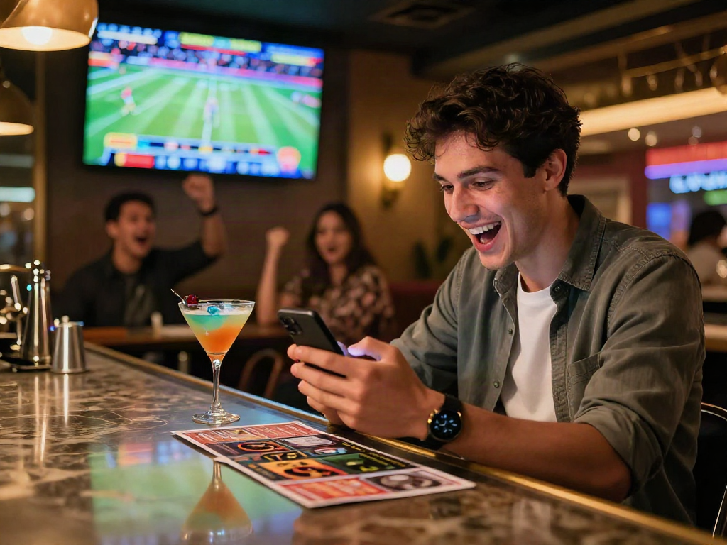 Exciting sports betting experience on Link M88 with friends at bar.