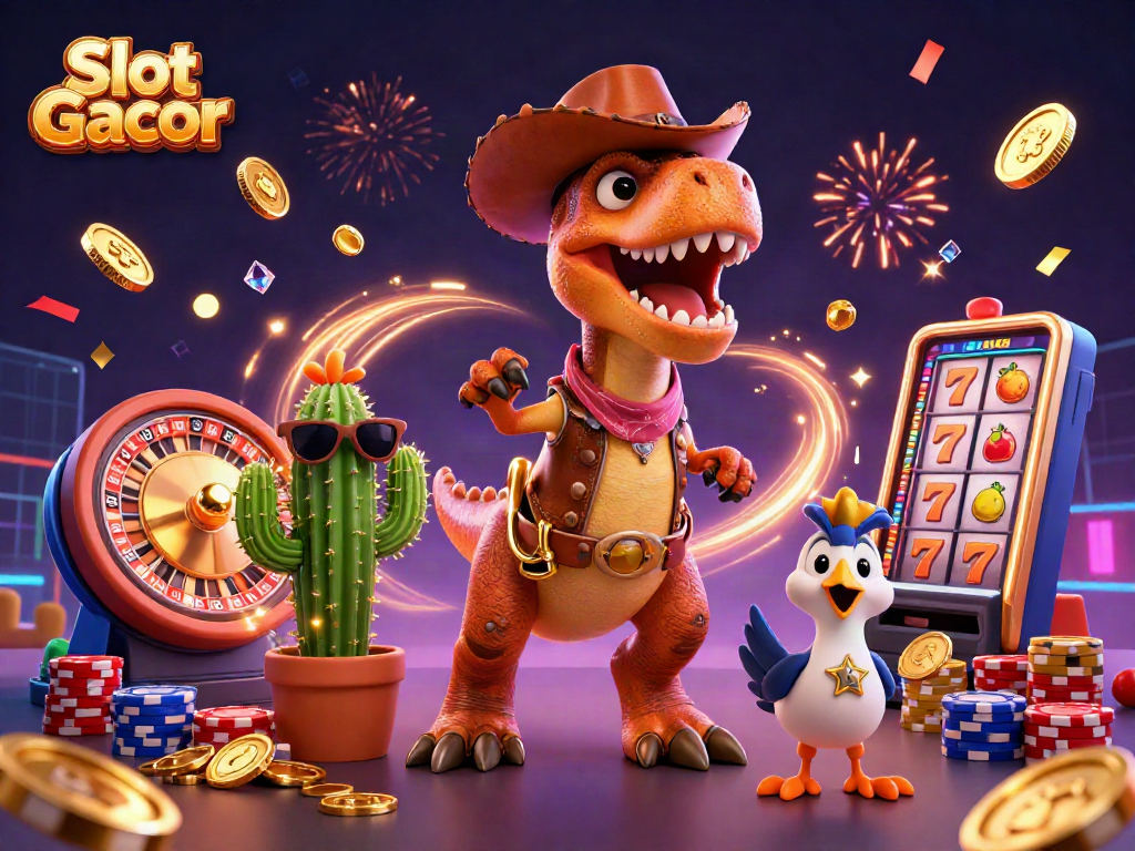 Slot Gacor menghadirkan keseruan permainan slot dengan karakter kartun dinosaurus dan elemen permainan yang meriah.