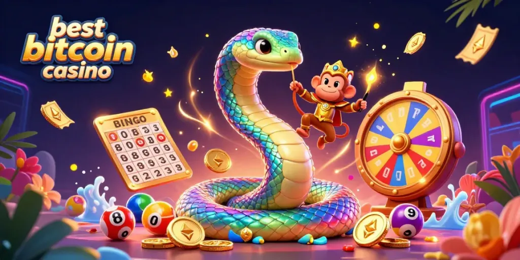 Experience the best bitcoin casino with characters surrounded by vibrant gaming elements.