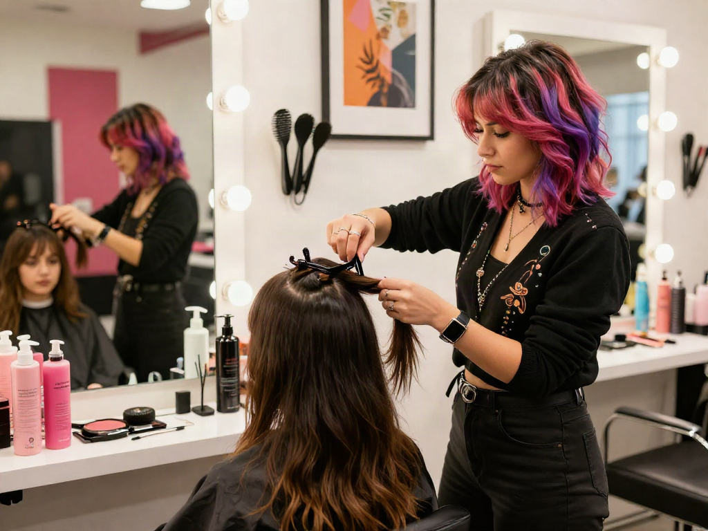 Professional stylist applying invisible clip in extensions in a vibrant salon.